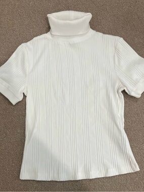 Zara White Ribbed Short-Sleeve Turtleneck Top